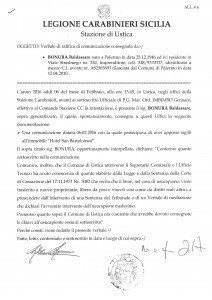 Dichiarazone depositata di persona dal Sig. Bonura al Comandante della legione Carabinieri di Ustica in data 6 febbraio 2016