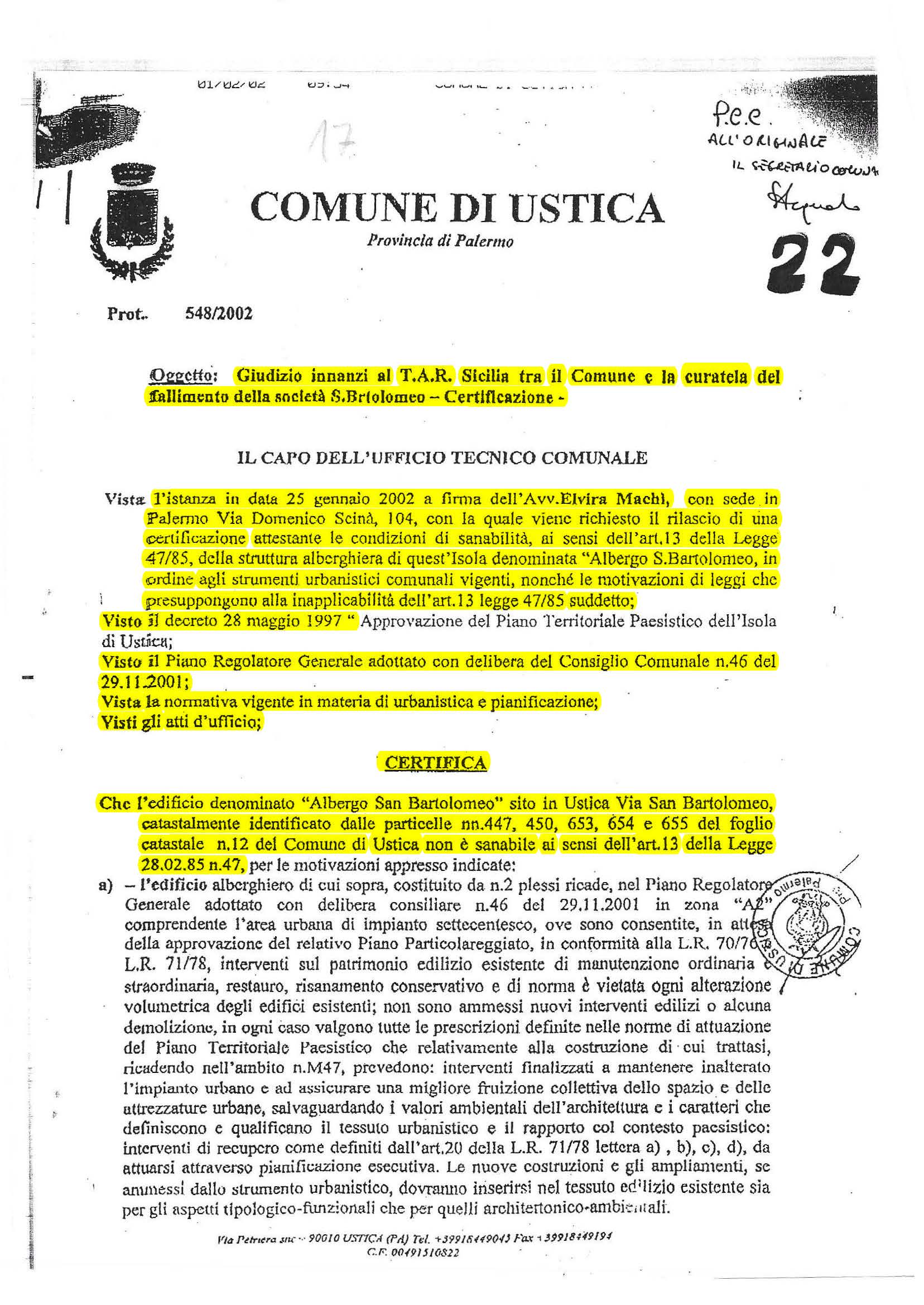 Certificazione Hotel San Bartolomeo UTC del Comune 2002 uso legale per T.A.R.