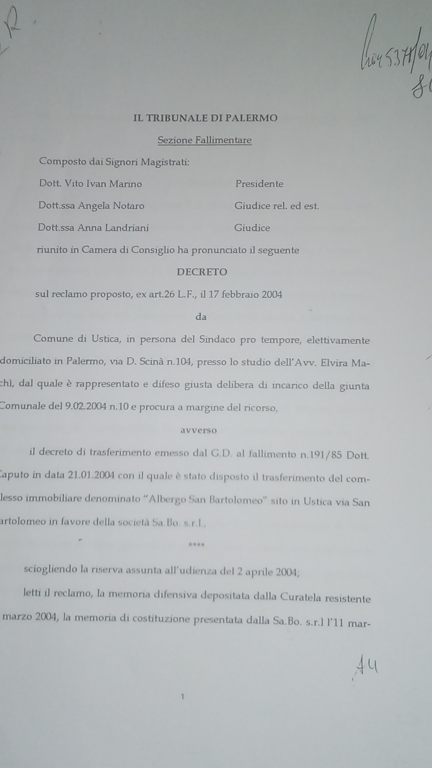 Reintegra nel possesso respinta al Comune di Ustica - Decreto del tribunale di Palermo sez. Fallimenti 2004