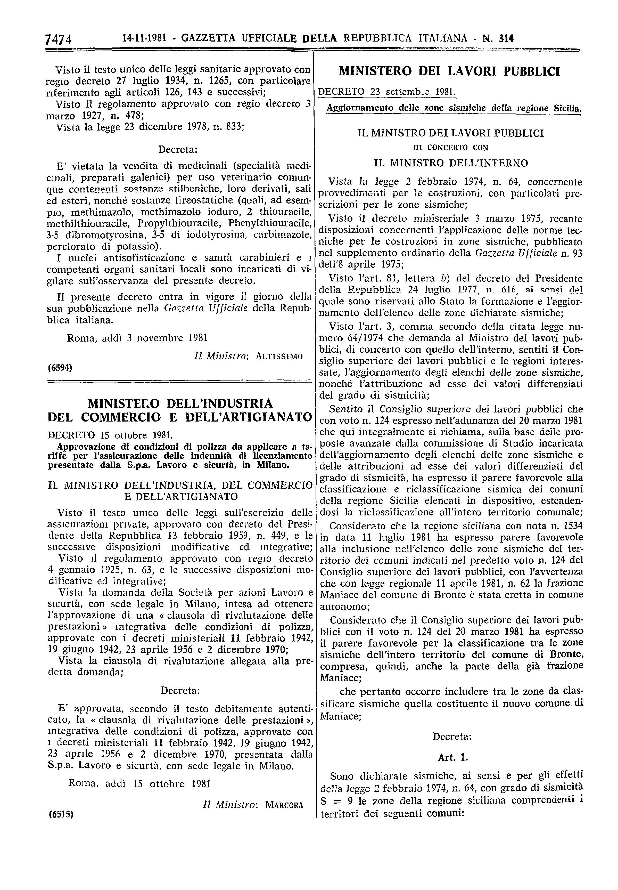 Gazzetta Ufficiale N 314 14-novembre-1981 -Ustica-zona-sismica-